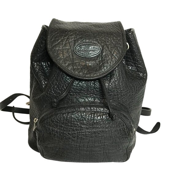 Overland Black Leather Backpack With Drawstring & Zip Pocket - Picture 1 of 10